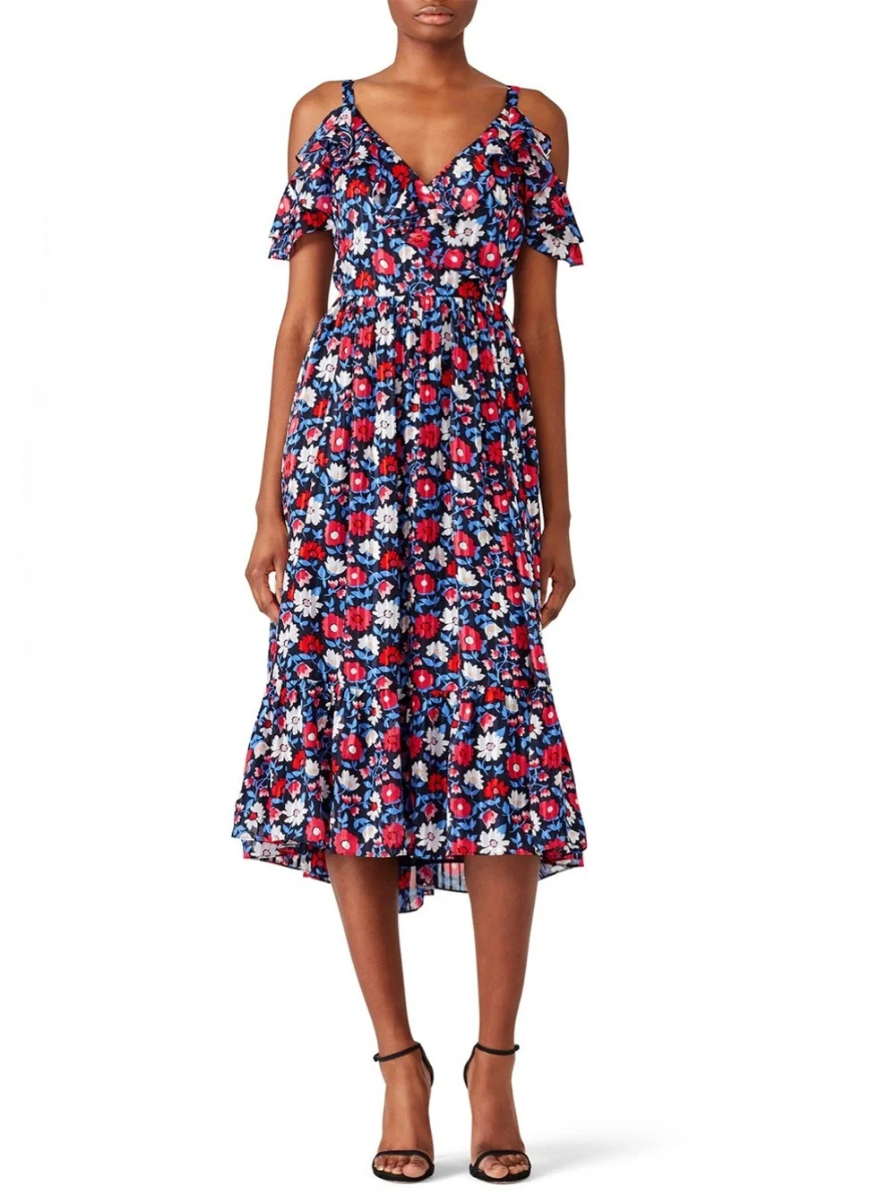 Kate Spade Navy Floral Cold Shoulder Ruffle Midi Dress - Sz 2